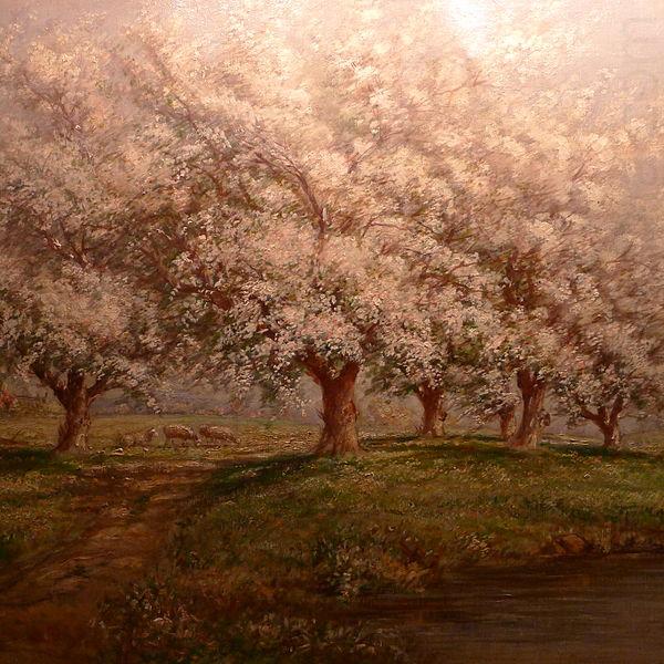 Typical Verner Moore White oil painting on canvas of apple blossoms, Verner Moore White